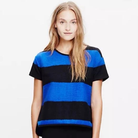Madewell Wool Brushed Rugby-Striped Top Blue Black Short Sleeve Womens Sz Small - Picture 11 of 11